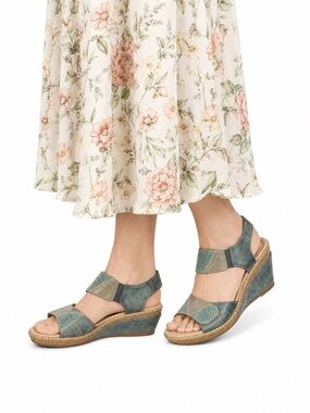 Size 7 Remonte Women’s D8603-100 Leather Wedge Sandals Blue Green Multi